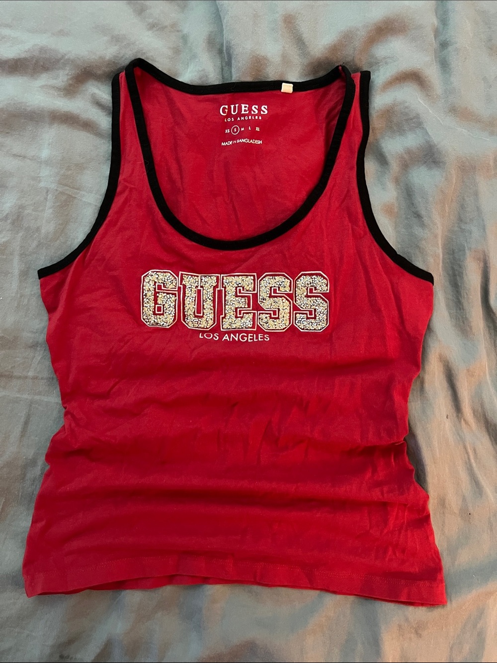 GUESS Red Tank Top with Black Trim and Embellished Logo